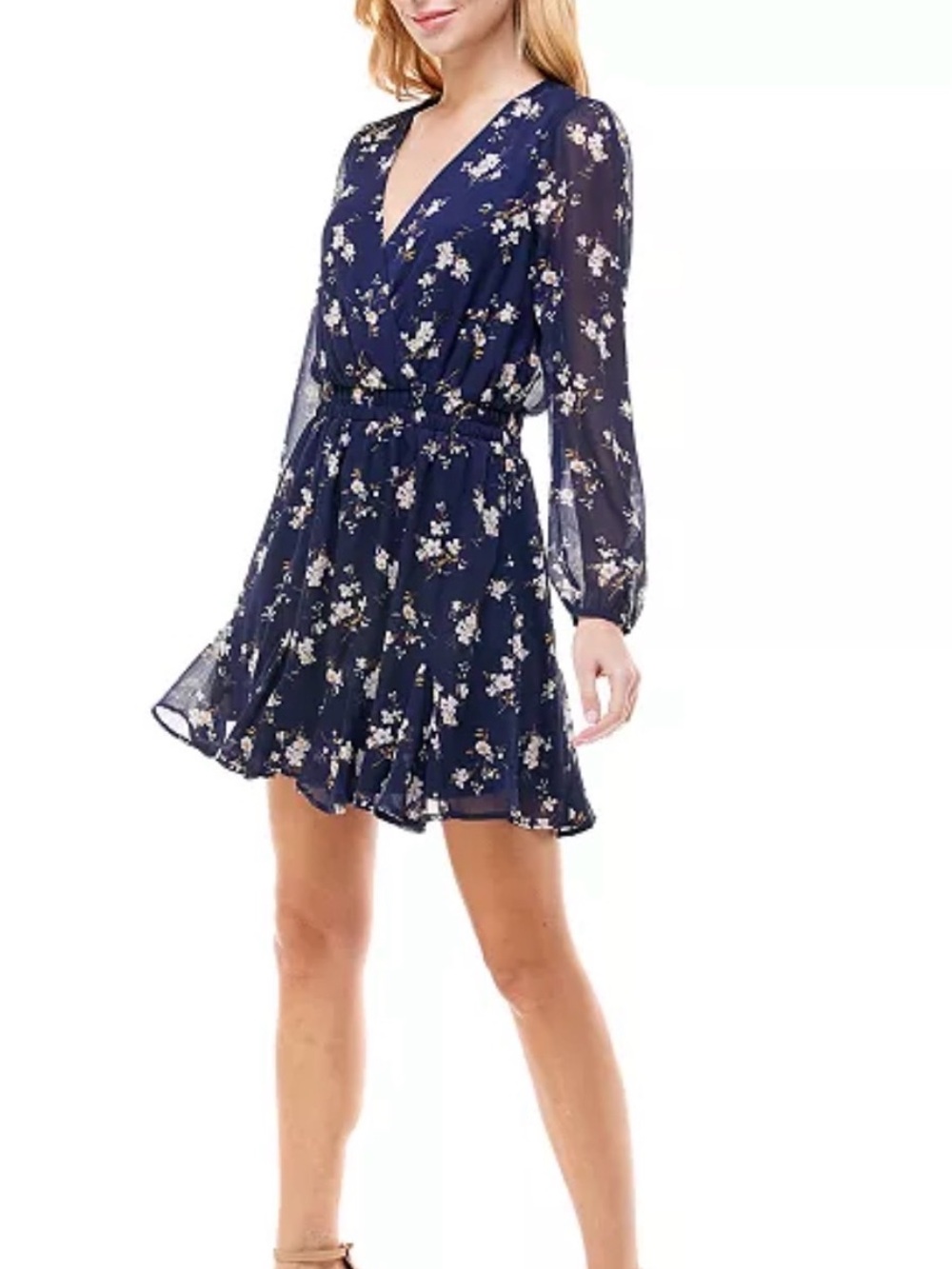Navy Floral V‑Neck Mini Dress with Ruffle Hem TRIXXI